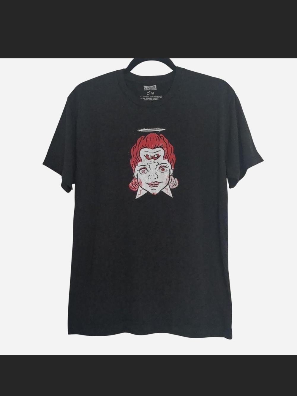 Black Short-Sleeve Graphic Tee with Red Face Illustration - Women